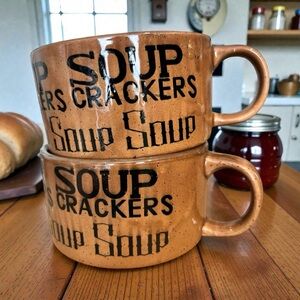 Vintage "Soup & Crackers" stoneware mugs, Japan, speckled brown Collectible